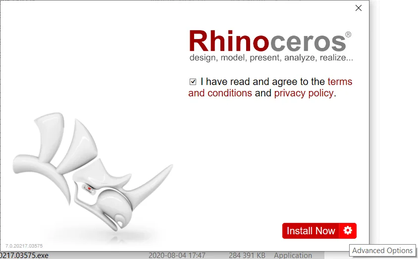 Rhino yükleyicisinin karşılama ekranı: koşulları kabul onay kutusu ve sağ altta Install Now düğmesi; düğmenin sağ ucundaki dişli simgesinin üzerinde Advanced Options ipucu görünüyor.