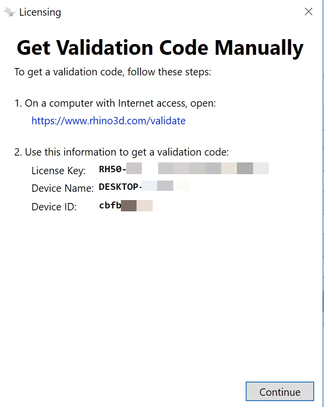 Get Validation Code Manually penceresi; rhino3d.com/validate adresi ile License Key, Device Name ve Device ID satırlarını listeliyor, değerler maskeli.